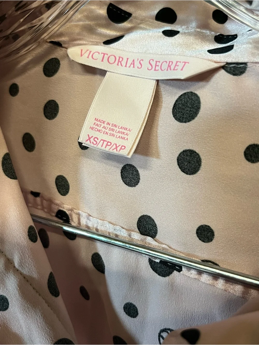 Victoria’s Secret Satin Sleep Shirt XS Pink Black Polka Dot Button Front Long